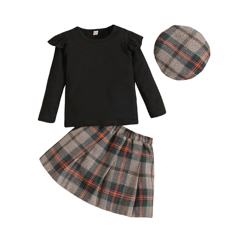 3 Pieces Set Baby Kid Girls Solid Color Tops And Checked Skirts And Hats Wholesale 23010395