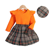 Load image into Gallery viewer, 3 Pieces Set Baby Kid Girls Solid Color Tops And Checked Skirts And Hats Wholesale 23010395
