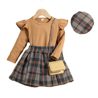 Load image into Gallery viewer, 3 Pieces Set Baby Kid Girls Solid Color Tops And Checked Skirts And Hats Wholesale 23010395
