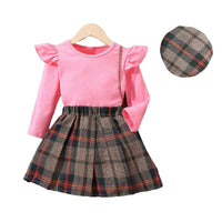Load image into Gallery viewer, 3 Pieces Set Baby Kid Girls Solid Color Tops And Checked Skirts And Hats Wholesale 23010395
