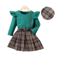 Load image into Gallery viewer, 3 Pieces Set Baby Kid Girls Solid Color Tops And Checked Skirts And Hats Wholesale 23010395
