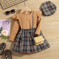 Load image into Gallery viewer, 3 Pieces Set Baby Kid Girls Solid Color Tops And Checked Skirts And Hats Wholesale 23010395
