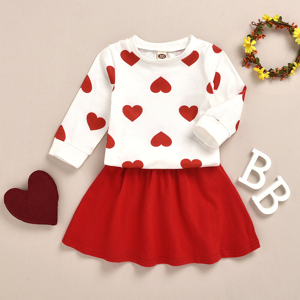 2 Pieces Set Baby Kid Girls Love heart Print Tops And Solid Color Skirts Wholesale 230105103