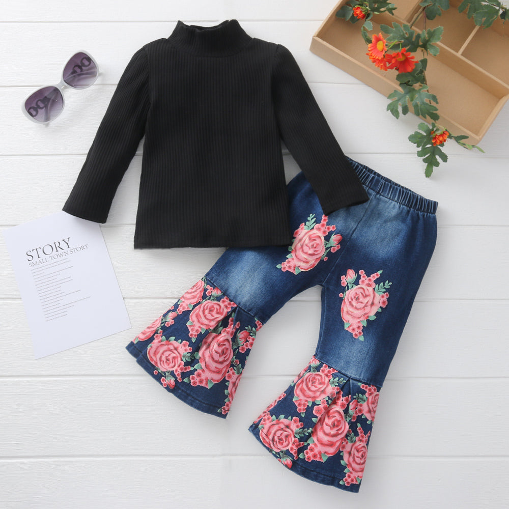 2 Pieces Set Baby Kid Girls Solid Color Tops And Flower Pants Wholesale 230105104