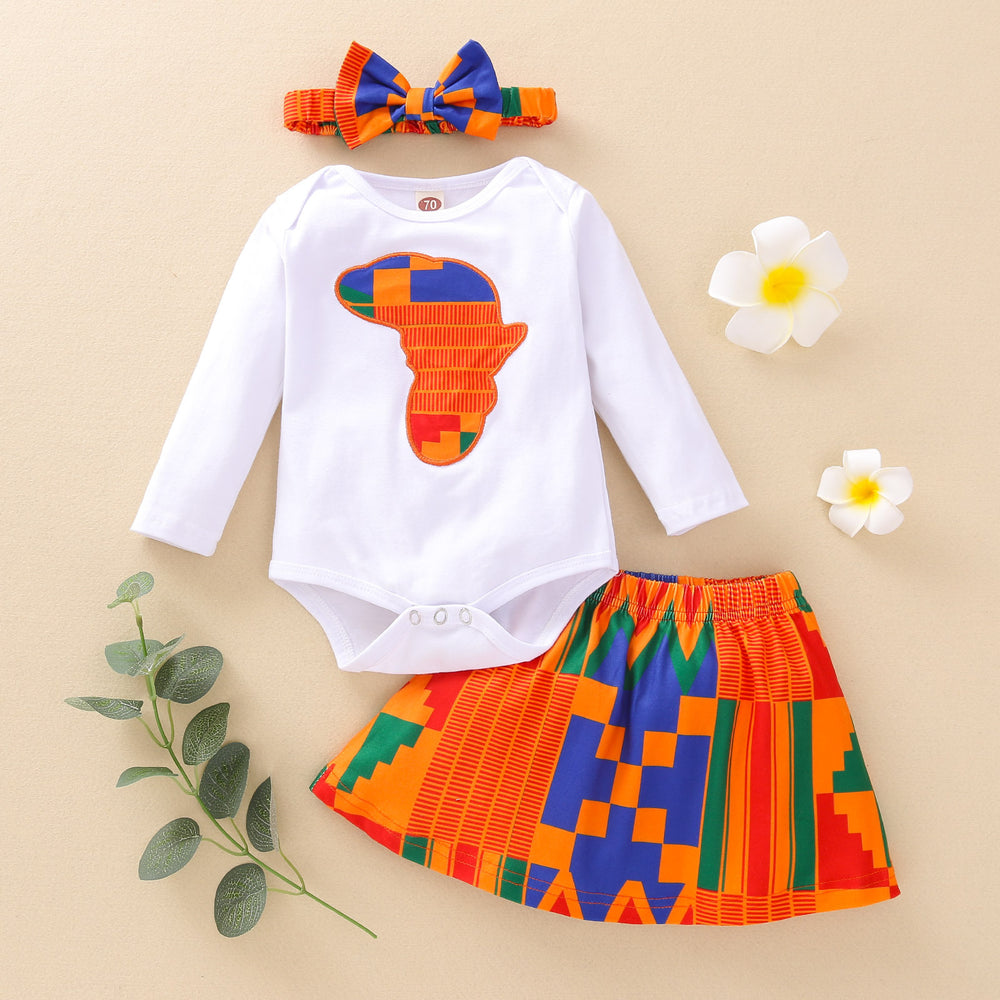 3 Pieces Set Baby Girls Graphic Print Rompers Skirts And Bow Headwear Wholesale 230105114