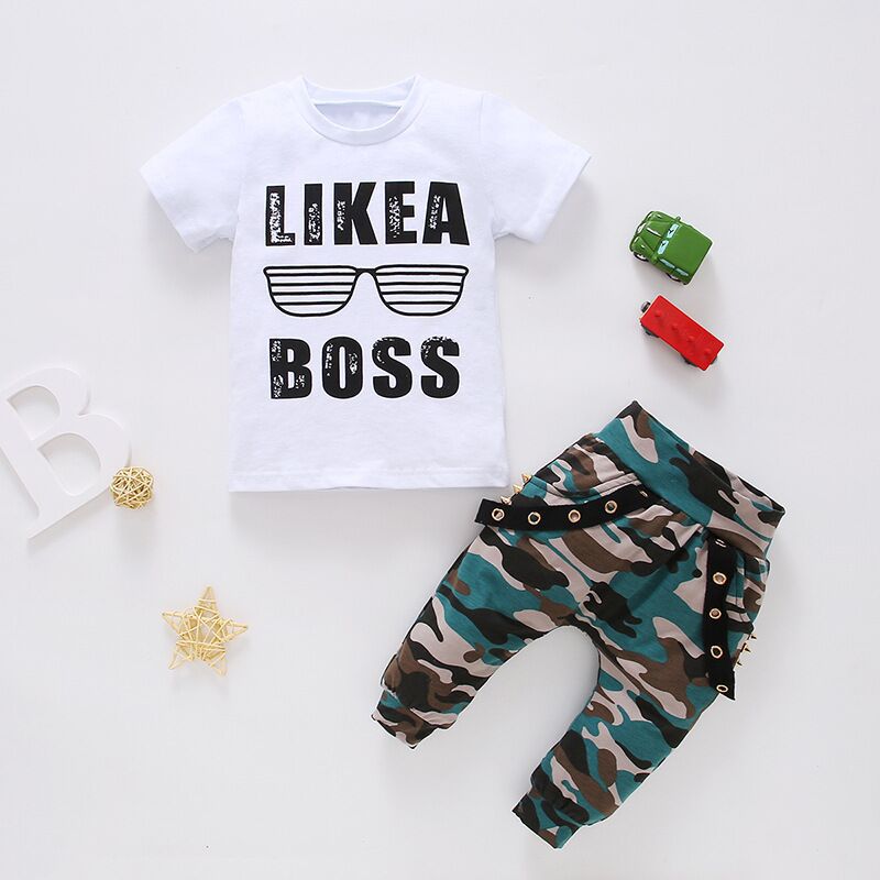 2 Pieces Set Baby Kid Boys Letters T-Shirts And Camo Pants Wholesale 230105115