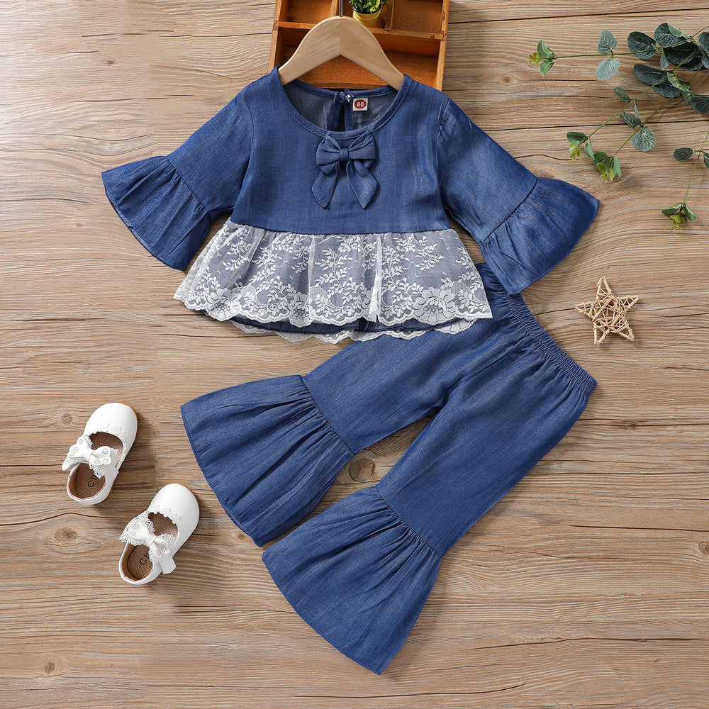 2 Pieces Set Baby Kid Girls Bow Tops And Solid Color Pants Wholesale 230105120