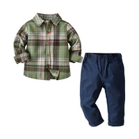 Load image into Gallery viewer, 2 Pieces Set Baby Kid Boys Checked Shirts And Solid Color Pants Wholesale 230105146
