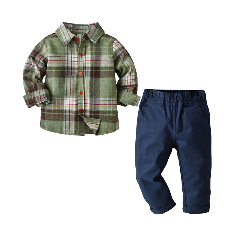 2 Pieces Set Baby Kid Boys Checked Shirts And Solid Color Pants Wholesale 230105146