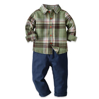 Load image into Gallery viewer, 2 Pieces Set Baby Kid Boys Checked Shirts And Solid Color Pants Wholesale 230105146
