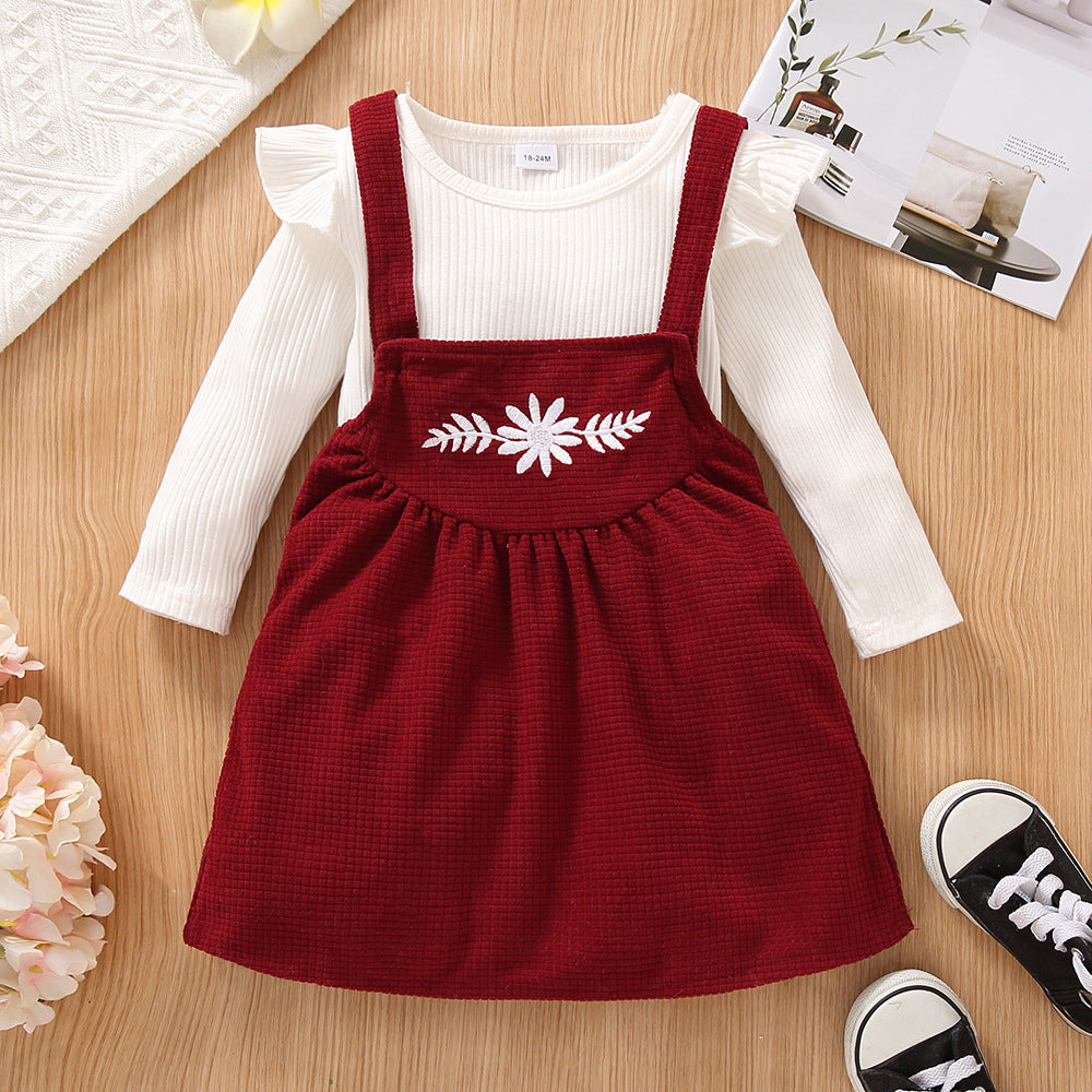 2 Pieces Set Baby Kid Girls Solid Color Tops And Embroidered Dresses Wholesale 230105154