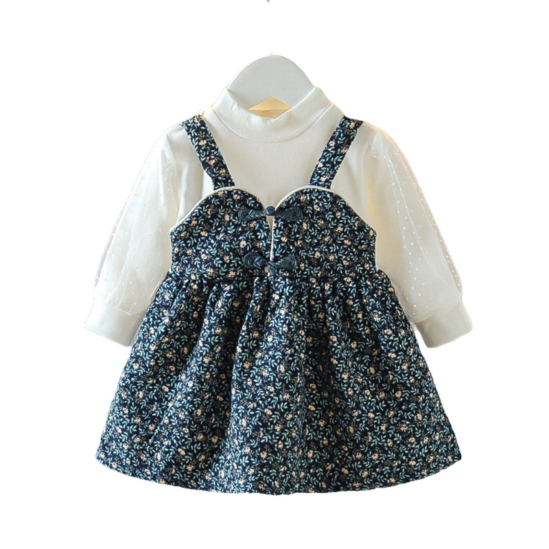 Baby Kid Girls Color-blocking Flower Print Dresses Wholesale 230105169