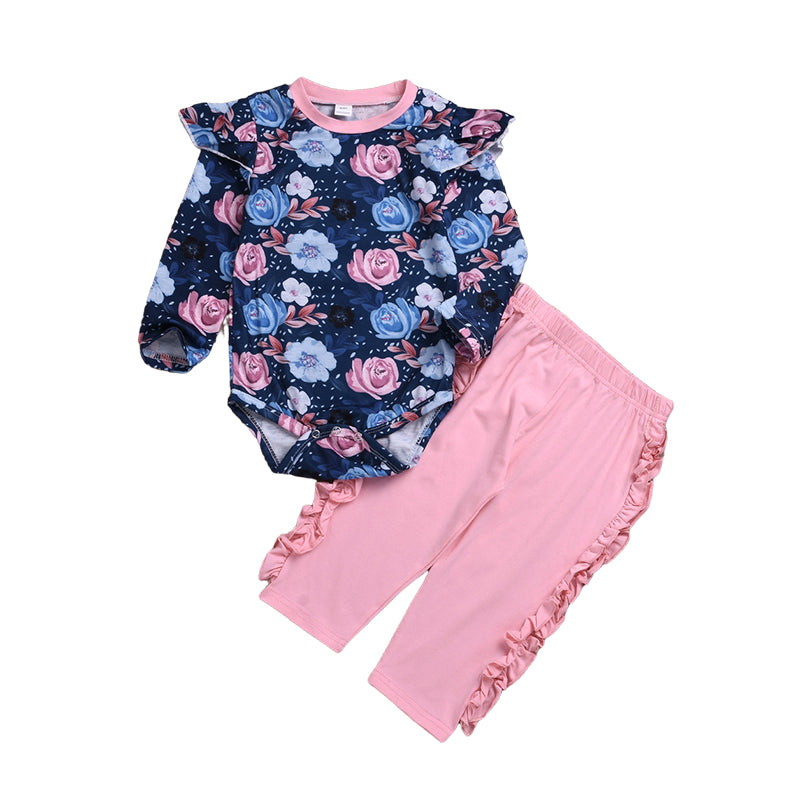 2 Pieces Set Baby Girls Flower Rompers And Solid Color Pants Wholesale 23010521