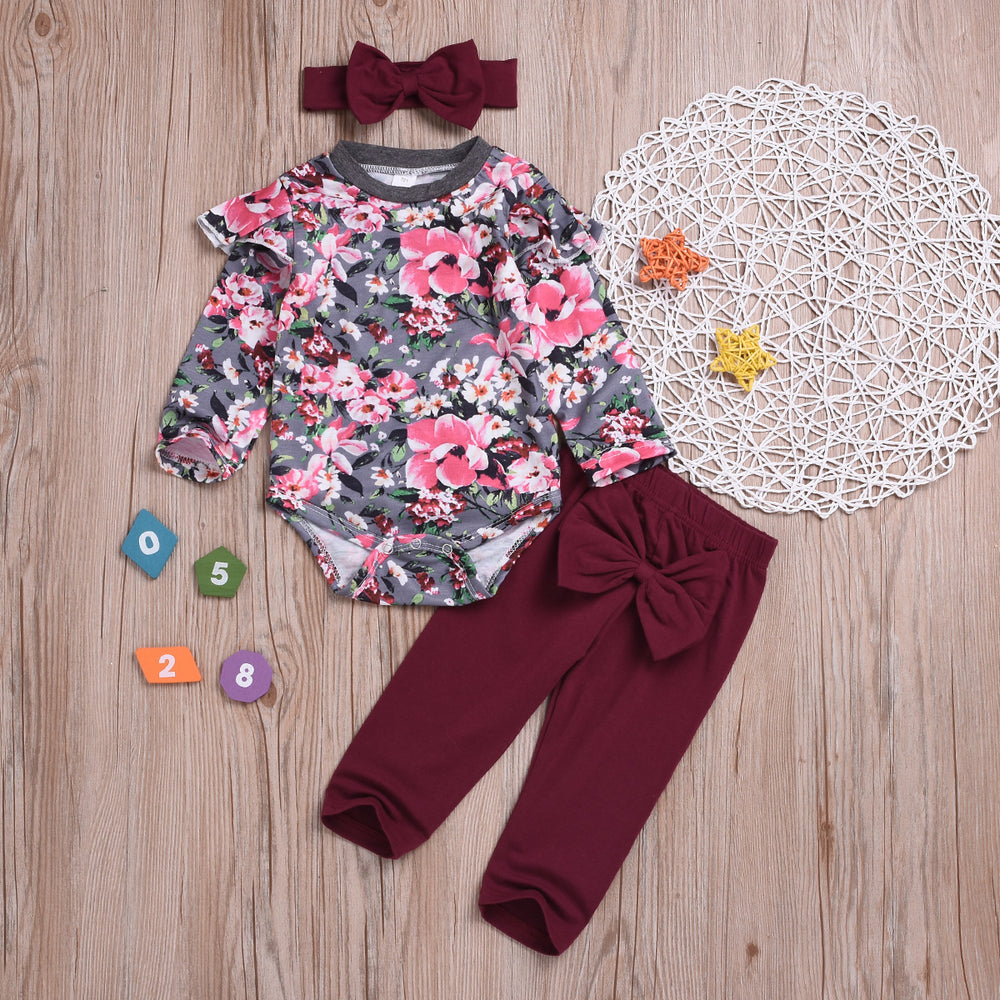 3 Pieces Set Baby Girls Flower Rompers Solid Color Pants And Bow Headwear Wholesale 23010522