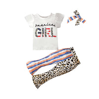 Load image into Gallery viewer, 3 Pieces Set Baby Kid Girls Independence Day Letters Print T-Shirts And Striped Leopard Pants And Headwear Wholesale 230105225

