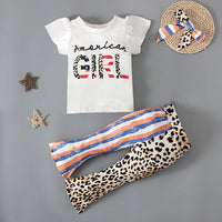 Load image into Gallery viewer, 3 Pieces Set Baby Kid Girls Independence Day Letters Print T-Shirts And Striped Leopard Pants And Headwear Wholesale 230105225
