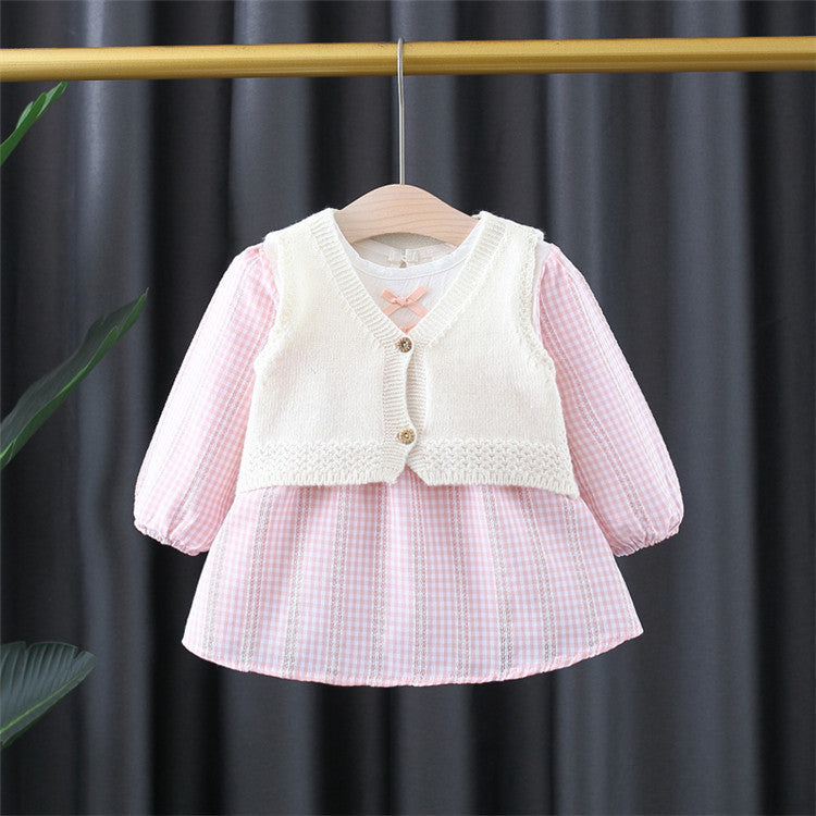 2 Pieces Set Baby Kid Girls Solid Color Vests Waistcoats And Checked Dresses Wholesale 230105227