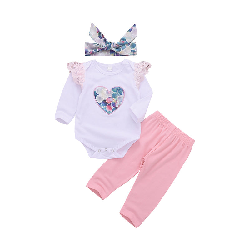 3 Pieces Set Baby Girls Love heart Rompers Solid Color Pants And Bow Headwear Wholesale 23010523