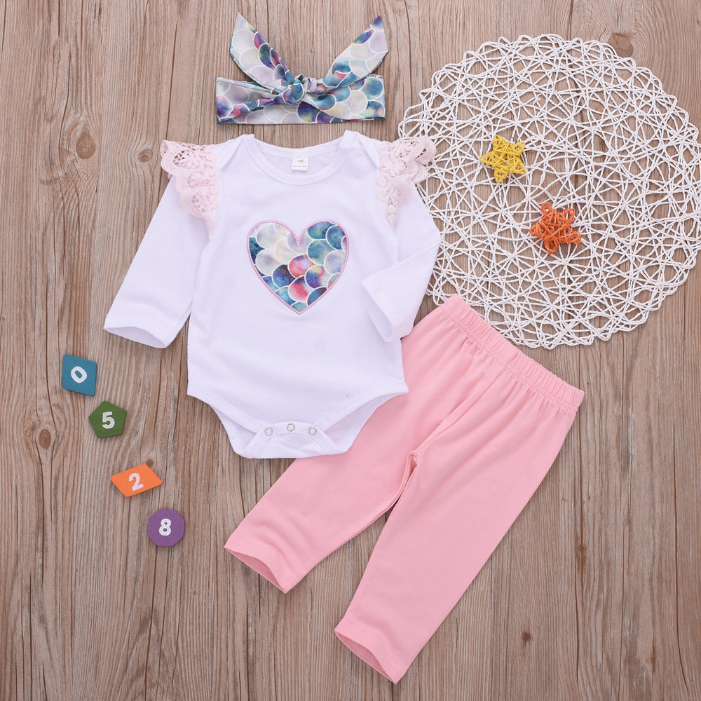 3 Pieces Set Baby Girls Love heart Rompers Solid Color Pants And Bow Headwear Wholesale 23010523