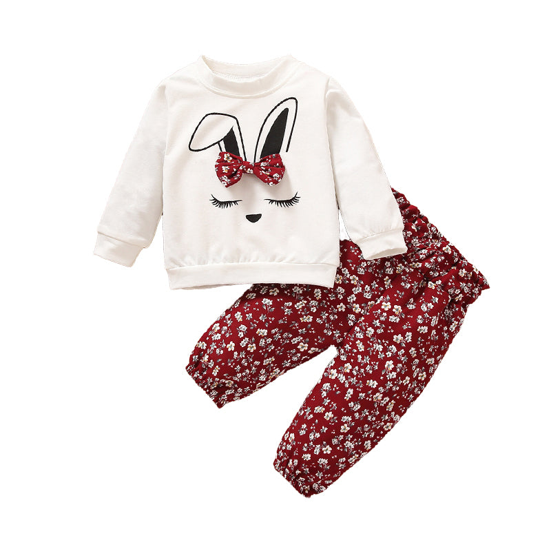 2 Pieces Set Baby Kid Girls Cartoon Bow  Tops And Flower Print  Pants Wholesale 230105245