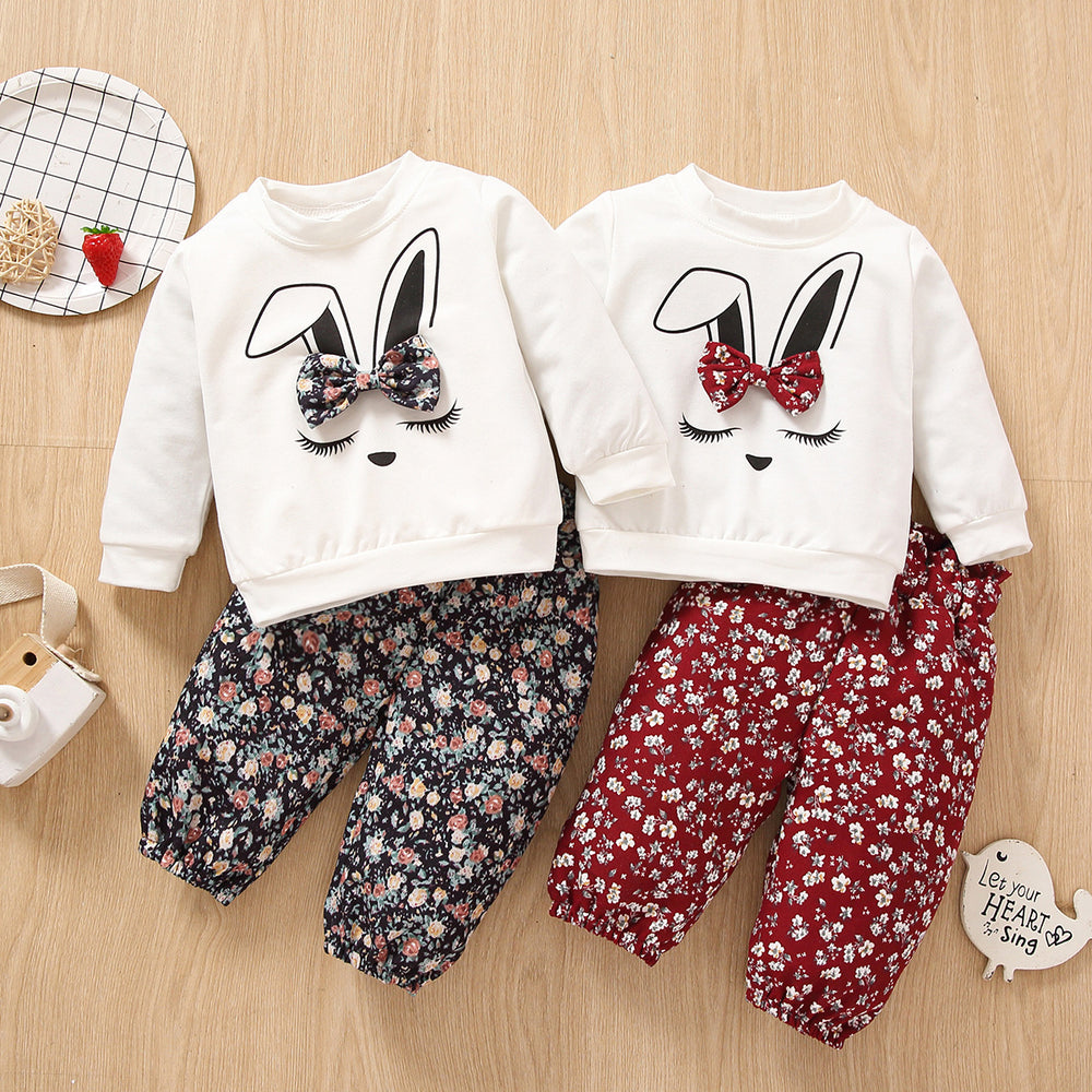 2 Pieces Set Baby Kid Girls Cartoon Bow  Tops And Flower Print  Pants Wholesale 230105245