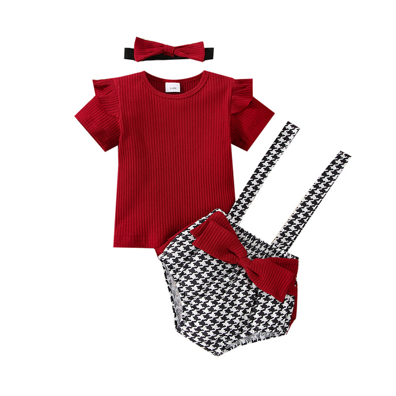 3 Pieces Set Baby Girls Solid Color Muslin&Ribbed Tops And Houndstooth Bow Rompers And Headwear Wholesale 230105267