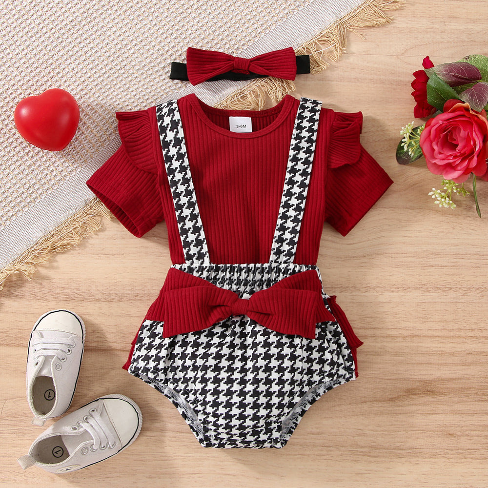 3 Pieces Set Baby Girls Solid Color Muslin&Ribbed Tops And Houndstooth Bow Rompers And Headwear Wholesale 230105267