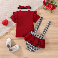 Load image into Gallery viewer, 3 Pieces Set Baby Girls Solid Color Muslin&amp;Ribbed Tops And Houndstooth Bow Rompers And Headwear Wholesale 230105267
