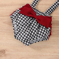 Load image into Gallery viewer, 3 Pieces Set Baby Girls Solid Color Muslin&amp;Ribbed Tops And Houndstooth Bow Rompers And Headwear Wholesale 230105267
