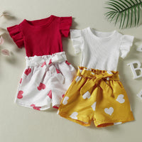 Load image into Gallery viewer, 2 Pieces Set Baby Kid Girls Solid Color Tops And Love heart Shorts Wholesale 230105274
