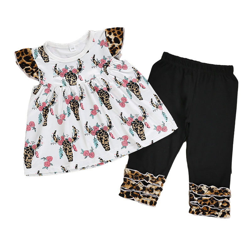 2 Pieces Set Baby Kid Girls Flower Leopard Print Tops And Color-blocking Pants Wholesale 230105288