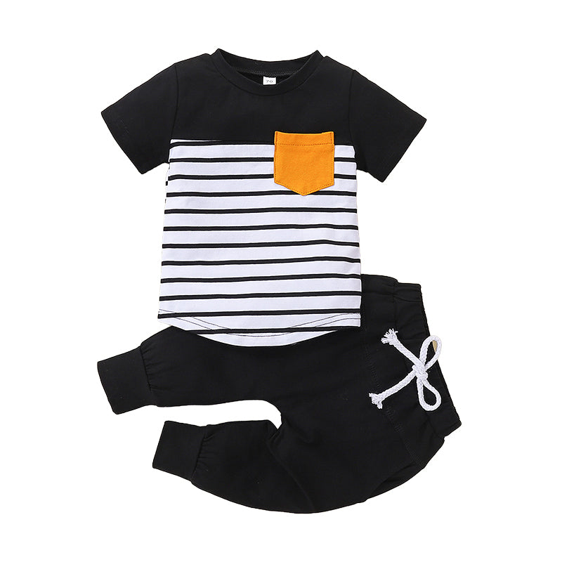 2 Pieces Set Baby Kid Boys Striped Color-blocking Tops And Solid Color Ribbon Pants Wholesale 230105314