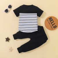 Load image into Gallery viewer, 2 Pieces Set Baby Kid Boys Striped Color-blocking Tops And Solid Color Ribbon Pants Wholesale 230105314
