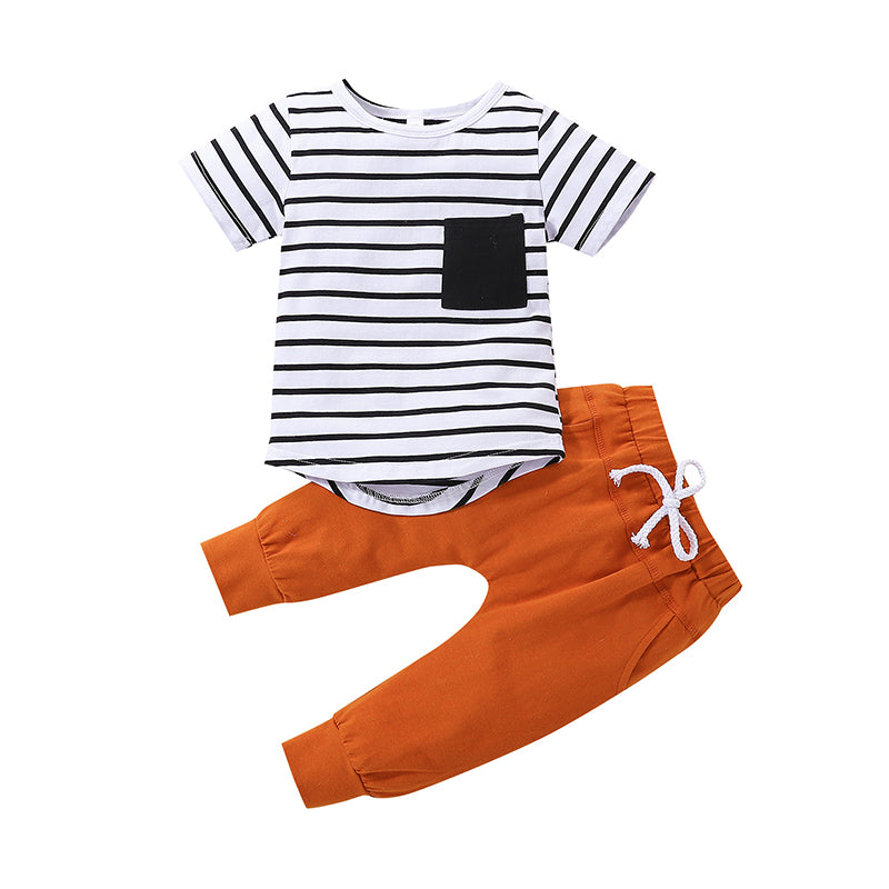 2 Pieces Set Baby Kid Boys Striped Tops And Solid Color Ribbon Pants Wholesale 230105317