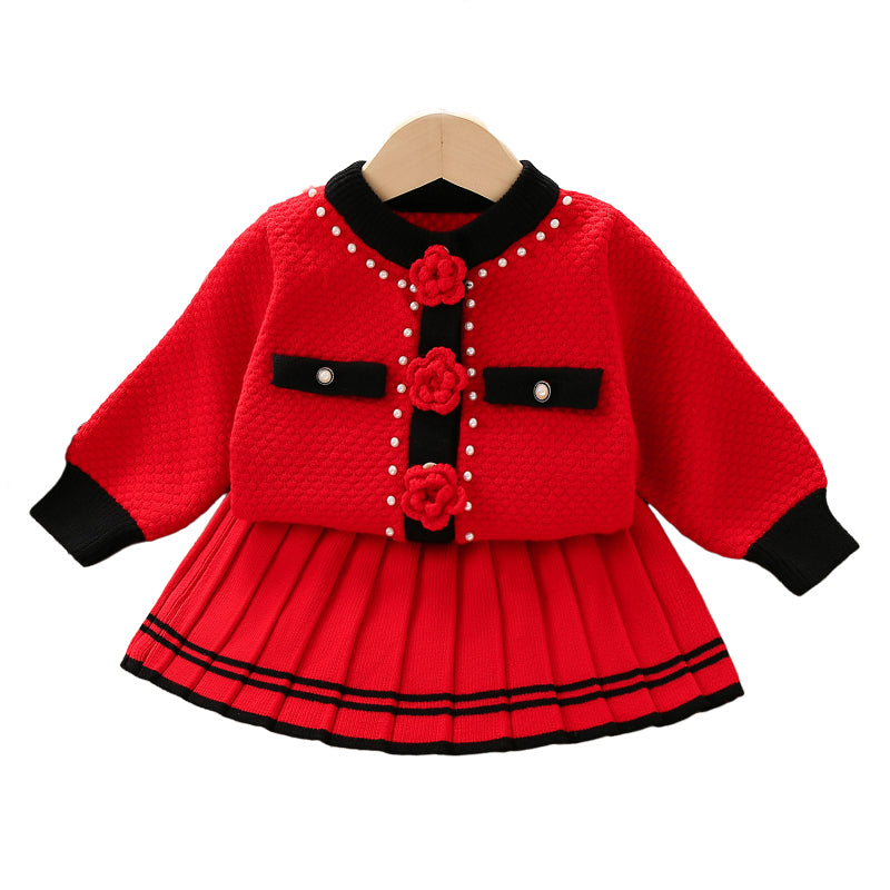 2 Pieces Set Baby Kid Girls Flower Sweaters And Striped Skirts Wholesale 230105392