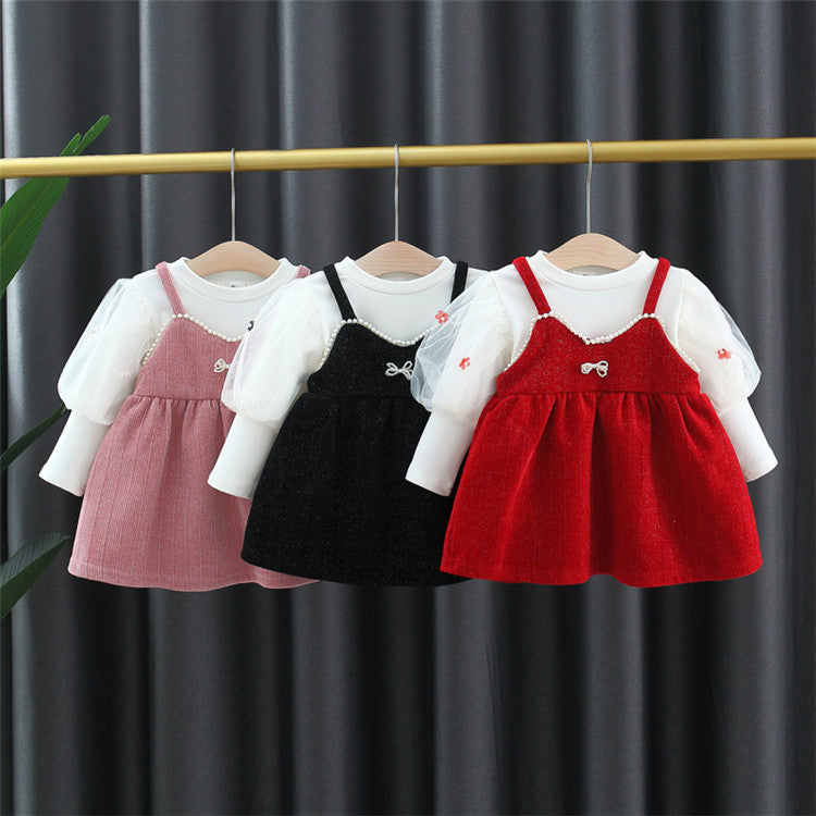 2 Pieces Set Baby Kid Girls Flower Tops And Solid Color Dresses Wholesale 230105409