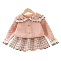 Load image into Gallery viewer, 2 Pieces Set Baby Kid Girls Crochet Cardigan And Checked Skirts Wholesale 230105410
