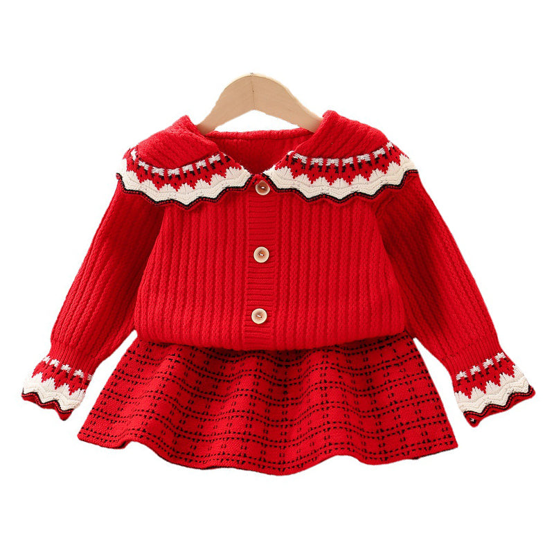 2 Pieces Set Baby Kid Girls Crochet Cardigan And Checked Skirts Wholesale 230105410