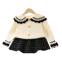 Load image into Gallery viewer, 2 Pieces Set Baby Kid Girls Crochet Cardigan And Checked Skirts Wholesale 230105410
