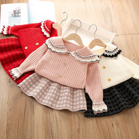 Load image into Gallery viewer, 2 Pieces Set Baby Kid Girls Crochet Cardigan And Checked Skirts Wholesale 230105410

