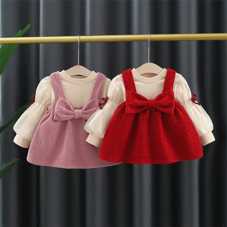 2 Pieces Set Baby Girls Solid Color Bow Tops And Dresses Wholesale 230105435