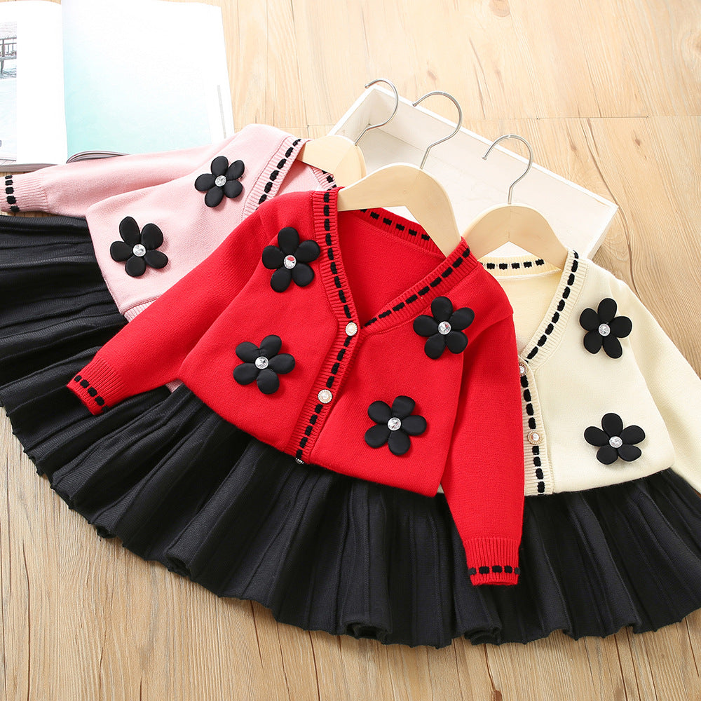 2 Pieces Set Baby Kid Girls Flower Cardigan And Solid Color Skirts Wholesale 230105455