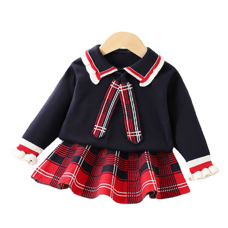 2 Pieces Set Baby Kid Girls Checked Sweaters And Skirts Wholesale 230105456