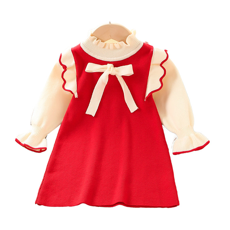 Baby Kid Girls Solid Color Bow Knitwear Dresses Wholesale 230105463