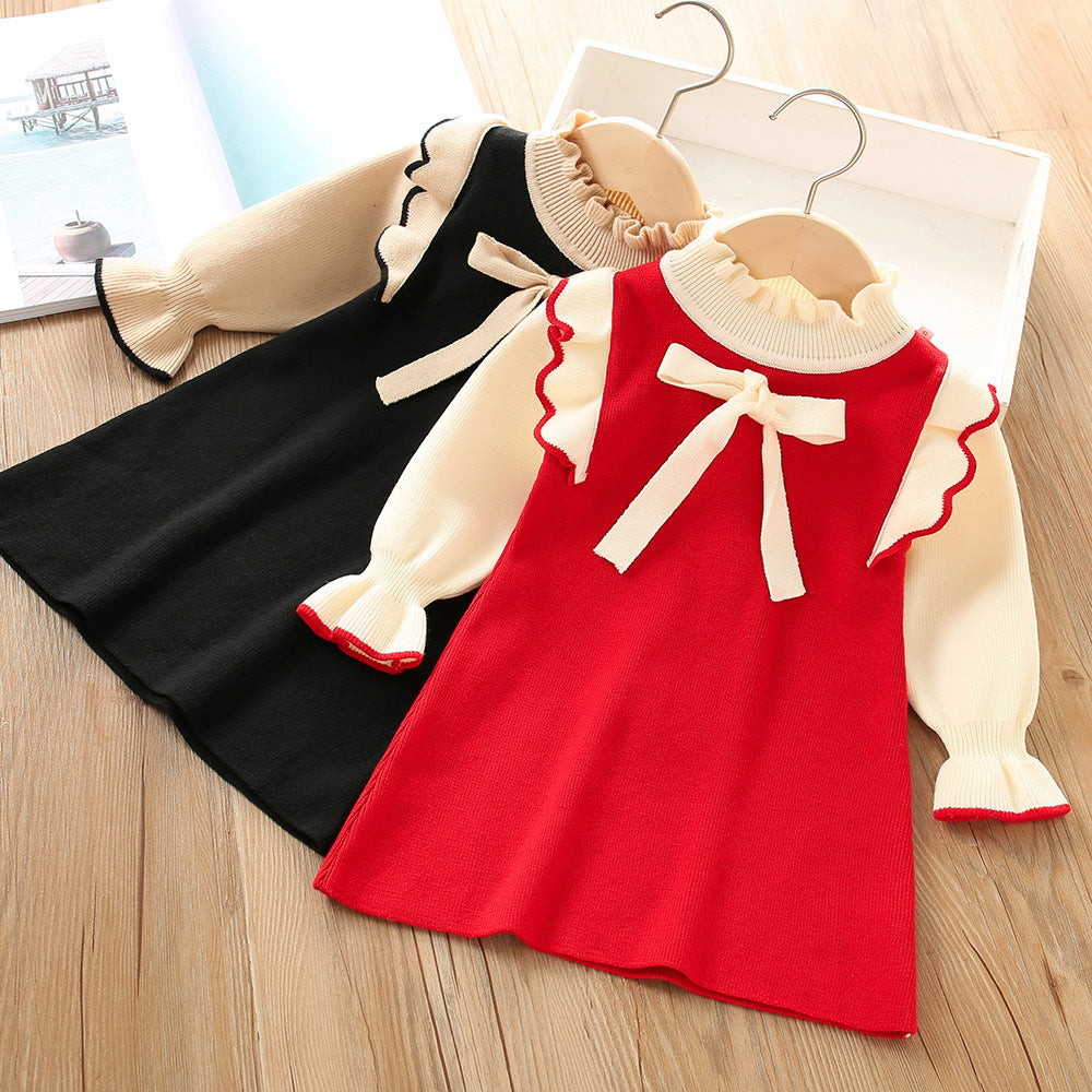 Baby Kid Girls Solid Color Bow Knitwear Dresses Wholesale 230105463