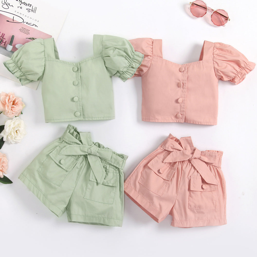 2 Pieces Set Baby Kid Girls Solid Color Tops And Shorts Wholesale 230105464