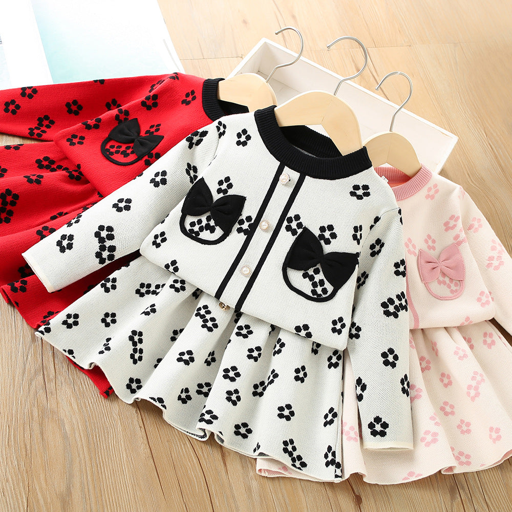 2 Pieces Set Baby Kid Girls Flower Bow Cardigan And Skirts Wholesale 230105468