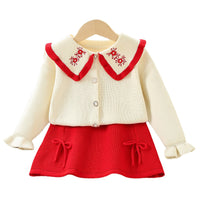 Load image into Gallery viewer, 2 Pieces Set Baby Kid Girls Embroidered Cardigan And Solid Color Bow Skirts Wholesale 230105470
