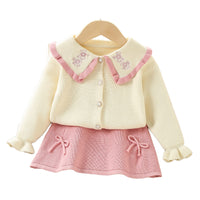 Load image into Gallery viewer, 2 Pieces Set Baby Kid Girls Embroidered Cardigan And Solid Color Bow Skirts Wholesale 230105470
