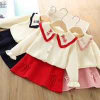 Load image into Gallery viewer, 2 Pieces Set Baby Kid Girls Embroidered Cardigan And Solid Color Bow Skirts Wholesale 230105470
